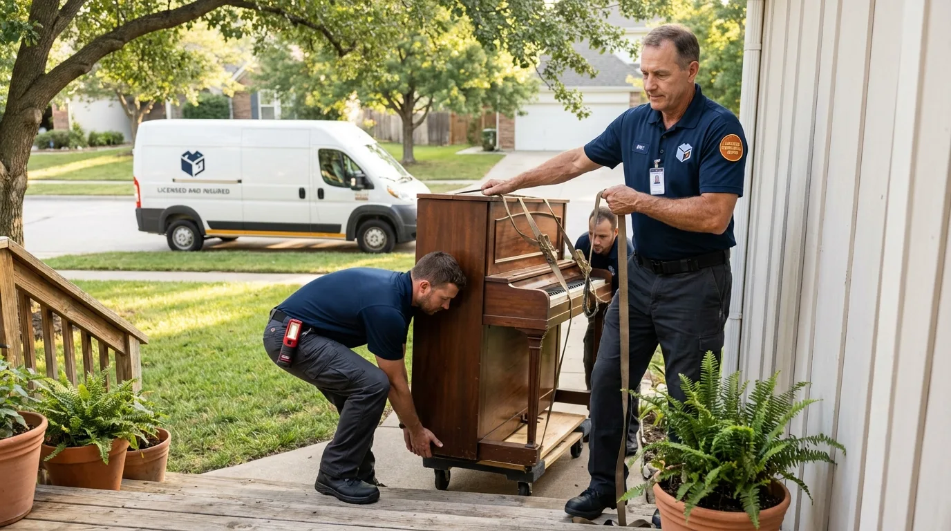 Licensed piano movers securing grand piano in South Point, OH