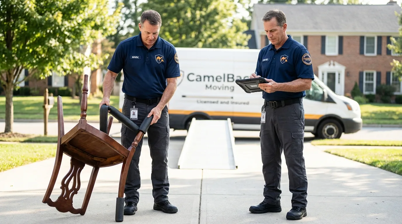 Movers inspecting furniture for damage prevention before loading in South Point, OH