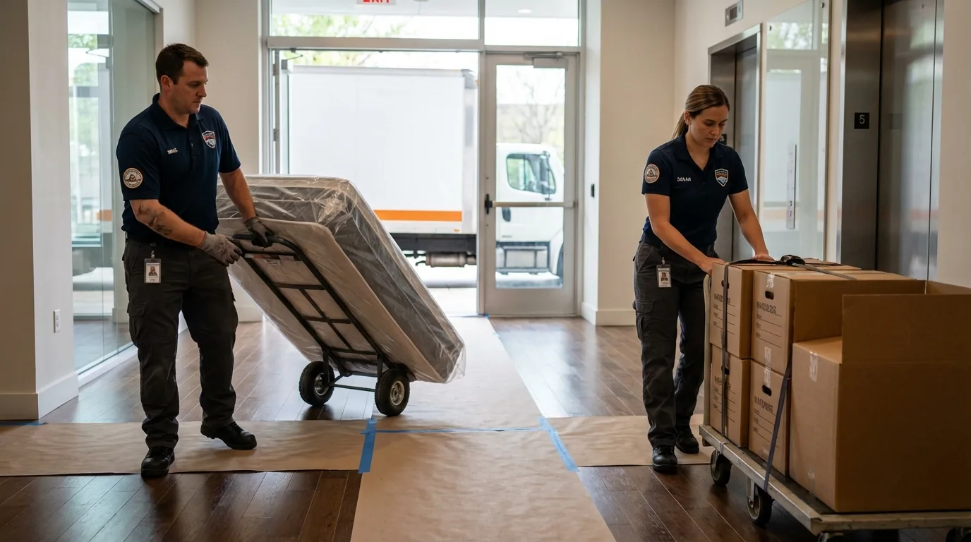 Professional apartment movers loading elevator in South Point, OH